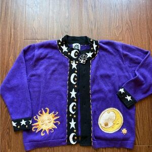 SOLD Storybook Knits Purple Cardigan with Sun and Moon Design Celestial XL